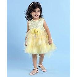 Babyhug Woven Sleeveless Mesh Layered Flare With Tail Party Frock - Yellow
