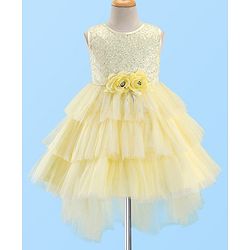 Babyhug Woven Sleeveless Mesh Layered Flare With Tail Party Frock - Yellow