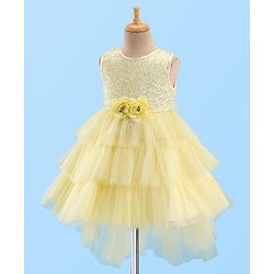 Babyhug Woven Sleeveless Mesh Layered Flare With Tail Party Frock - Yellow