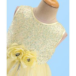 Babyhug Woven Sleeveless Mesh Layered Flare With Tail Party Frock - Yellow