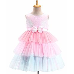 Babyhug Woven Sleeveless Party Frock With Mesh Layered Flare & Bow Applique - Pink