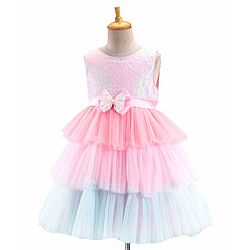 Babyhug Woven Sleeveless Party Frock With Mesh Layered Flare & Bow Applique - Pink