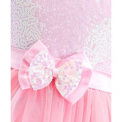 Babyhug Woven Sleeveless Party Frock With Mesh Layered Flare & Bow Applique - Pink