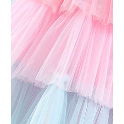 Babyhug Woven Sleeveless Party Frock With Mesh Layered Flare & Bow Applique - Pink