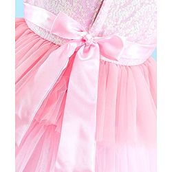 Babyhug Woven Sleeveless Party Frock With Mesh Layered Flare & Bow Applique - Pink