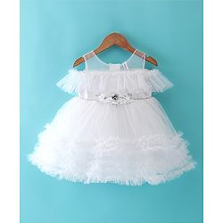 Babyhug Sleeveless Mesh Party Frock with Floral Applique -  White