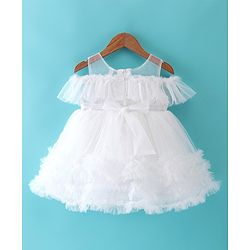 Babyhug Sleeveless Mesh Party Frock with Floral Applique -  White