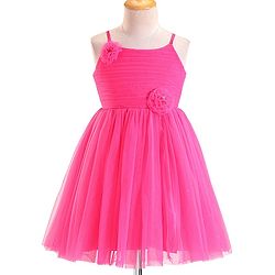 Babyhug Woven Sleeveless Mesh Party Frock With Floral Applique - Fuchsia
