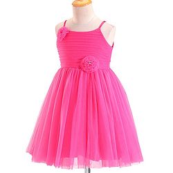 Babyhug Woven Sleeveless Mesh Party Frock With Floral Applique - Fuchsia
