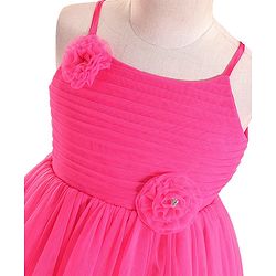 Babyhug Woven Sleeveless Mesh Party Frock With Floral Applique - Fuchsia