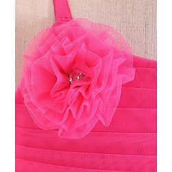 Babyhug Woven Sleeveless Mesh Party Frock With Floral Applique - Fuchsia