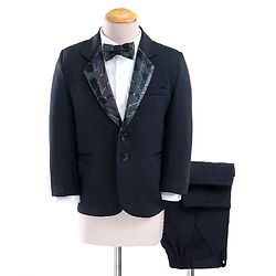 Babyhug Full Sleeves Stretch Three Piece Party Suit with Bow - Navy Blue