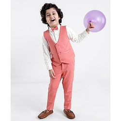 Babyhug Full Sleeves Three Piece Party Suit with Bow & Stretch - White & Pink