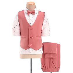 Babyhug Full Sleeves Three Piece Party Suit with Bow & Stretch - White & Pink