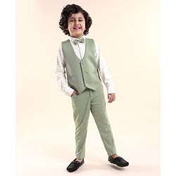 Babyhug Woven Full Sleeves Stretch Fit Party Suit With Waist Coat & Bow - Green & White