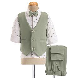 Babyhug Woven Full Sleeves Stretch Fit Party Suit With Waist Coat & Bow - Green & White