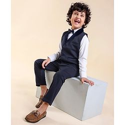 Babyhug Full Sleeves Party Suit Sheen Texture with Bow - White & Navy Blue