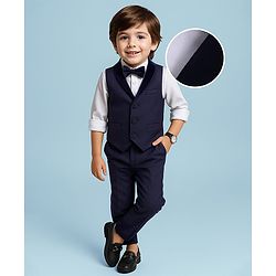 Babyhug Full Sleeves Party Suit Sheen Texture with Bow - White & Navy Blue