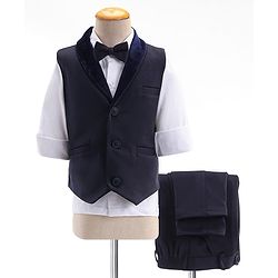 Babyhug Full Sleeves Party Suit Sheen Texture with Bow - White & Navy Blue