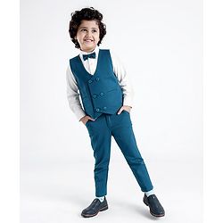 Babyhug Full Sleeves Three Piece Premium Party Suit with Bow  - White & Royal Blue