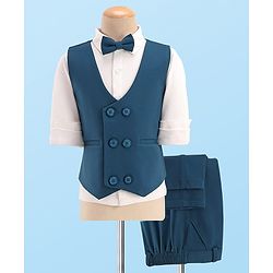 Babyhug Full Sleeves Three Piece Premium Party Suit with Bow  - White & Royal Blue