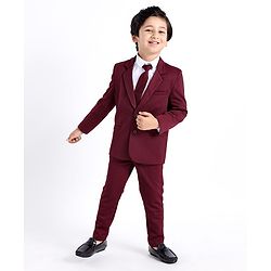 Babyhug Full Sleeves 3 Piece Stretch Party Suit with Tie - Maroon