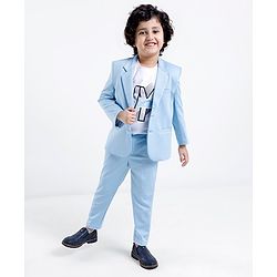 Babyhug Woven Full Sleeves Stretchable Party Suit & T-Shirt Set with Text Print - Light Blue