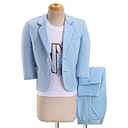 Babyhug Woven Full Sleeves Stretchable Party Suit & T-Shirt Set with Text Print - Light Blue