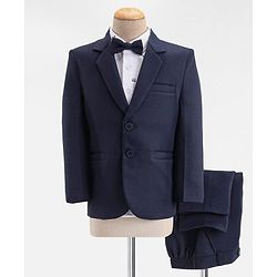 Babyhug Full Sleeves Party Suit with Stretch & Bow - White & Navy Blue
