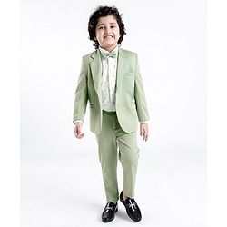 Babyhug Full Sleeves Three Piece Party Suit with Bow & Stretch - White & Green