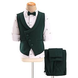 Babyhug Woven Full Sleeves Stretch Fit Party Suit With Waist Coat & Bow -  Olive