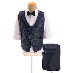 Babyhug Woven Full Sleeves Stretch Fit Party Suit With Floral Printed Waist Coat & Bow -Blue