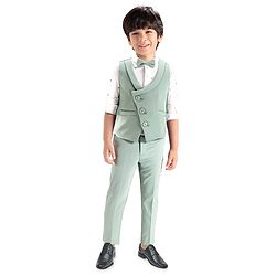 Babyhug Woven Full Sleeves Stretch Fit Party Suit With Waist Coat & Bow - Light Green