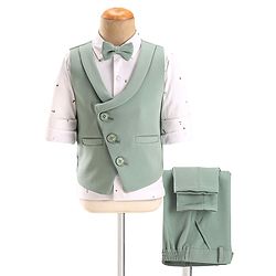 Babyhug Woven Full Sleeves Stretch Fit Party Suit With Waist Coat & Bow - Light Green