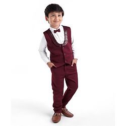 Babyhug Full Sleeves 3 Piece Party Suit with Bow & Stretch Solid Color - Maroon & White