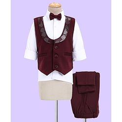 Babyhug Full Sleeves 3 Piece Party Suit with Bow & Stretch Solid Color - Maroon & White
