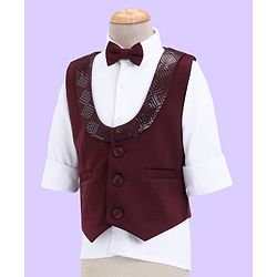 Babyhug Full Sleeves 3 Piece Party Suit with Bow & Stretch Solid Color - Maroon & White