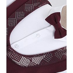 Babyhug Full Sleeves 3 Piece Party Suit with Bow & Stretch Solid Color - Maroon & White