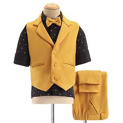 Babyhug Woven Full Sleeves Stretchable Three Piece Solid Colour Party Suit with Bow - Yellow & Black
