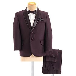 Babyhug Woven Full Sleeves Three Piece Solid Colour Party Suit with Bow - Maroon
