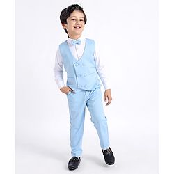 Babyhug Full Sleeves Three Piece Party Suit with Bow & Stretch - White & Blue