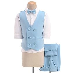 Babyhug Full Sleeves Three Piece Party Suit with Bow & Stretch - White & Blue