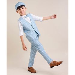 Babyhug Full Sleeves Three Piece Party Suit Checkered with Bow & Hat - White & Blue