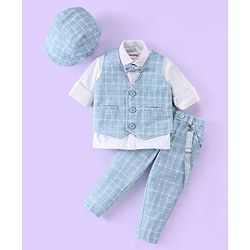 Babyhug Full Sleeves Three Piece Party Suit Checkered with Bow & Hat - White & Blue
