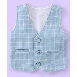 Babyhug Full Sleeves Three Piece Party Suit Checkered with Bow & Hat - White & Blue