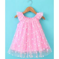 Babyhug Flutter Sleeves a Line Rubber Printed Party Frock - Pink