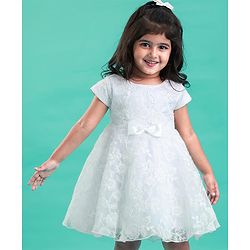 Babyhug Sleeveless Floral Embroidery with Bow Applique Party Frock - White