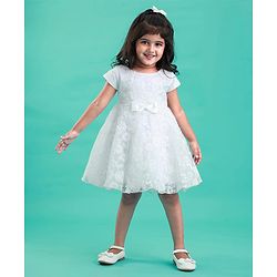 Babyhug Sleeveless Floral Embroidery with Bow Applique Party Frock - White