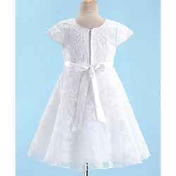Babyhug Sleeveless Floral Embroidery with Bow Applique Party Frock - White