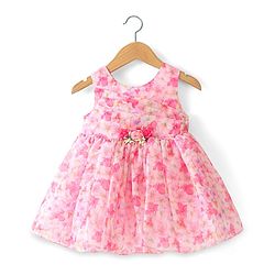 Babyhug Sleeveless Floral Printed Fit & Flare Party Frock with Floral Applique  - Pink